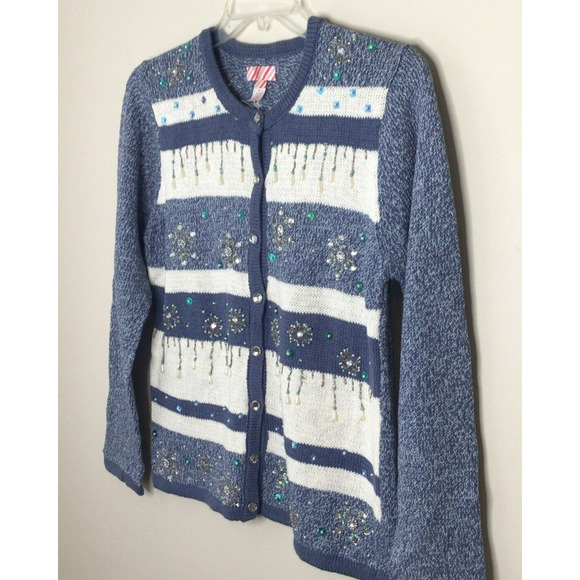 Blue & White SnowFlake Beaded Cardigan Size M - Picture 7 of 9